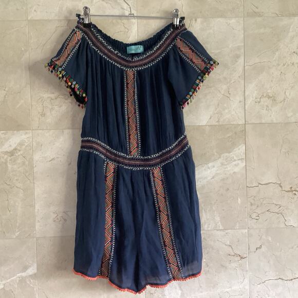 Letarte Romper Small Colorful Poms Off-Shoulder Beach Coverup Eclectic Boho - Picture 3 of 8